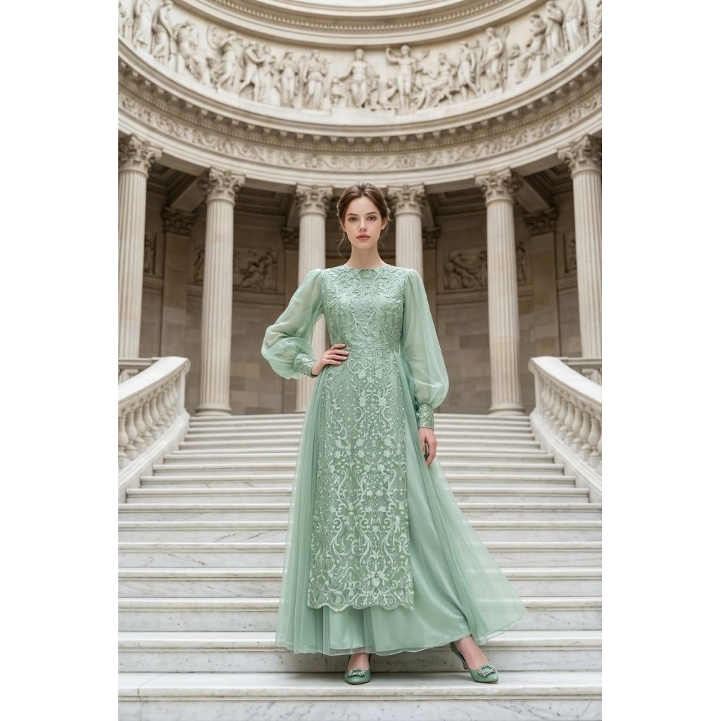 Dress gamis satin silk premium hijau sage