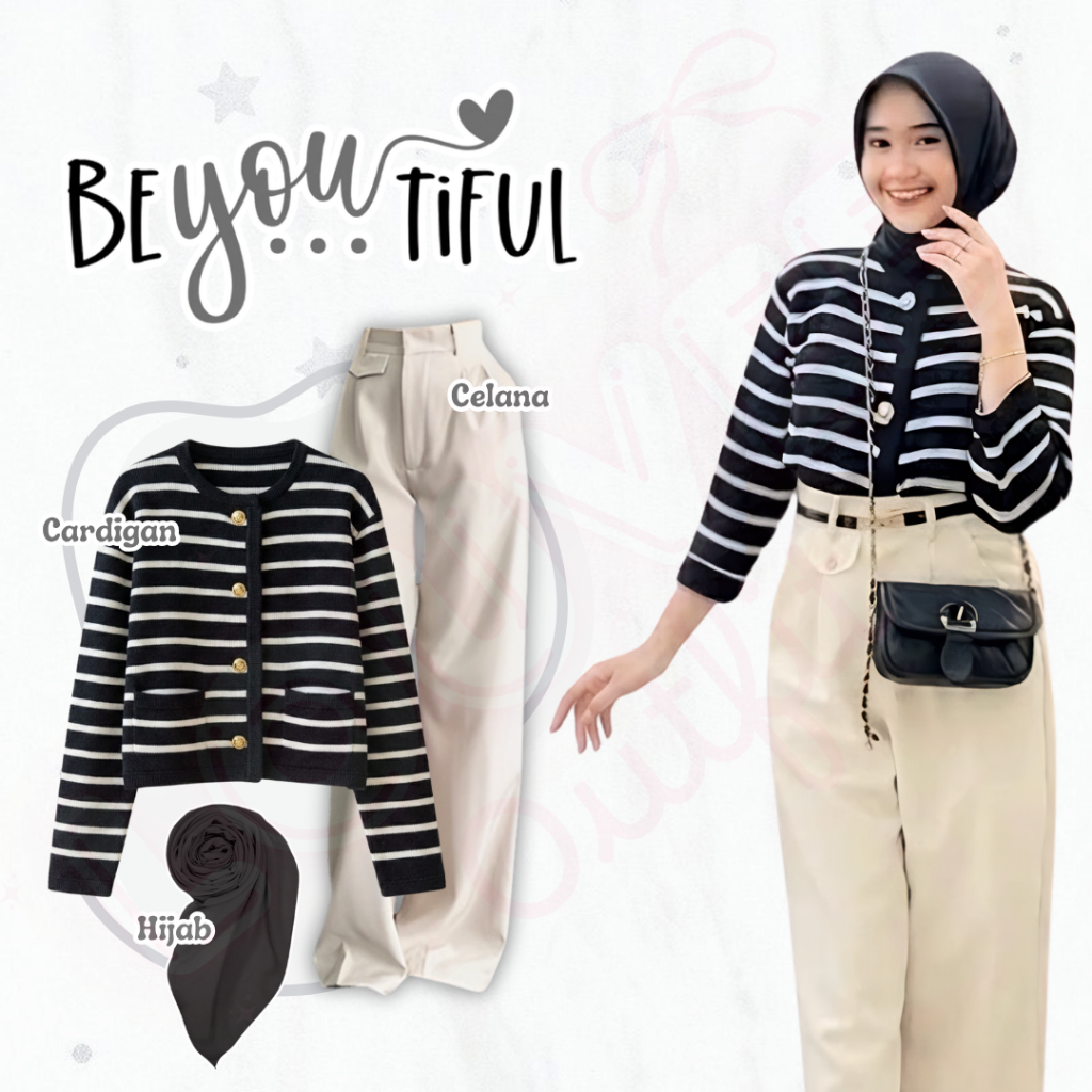 one set remaja 3in1 /  outfit wanita kekinian / ardigan Rajut Hitam + Celana Semi Woll Ivory + Hijab