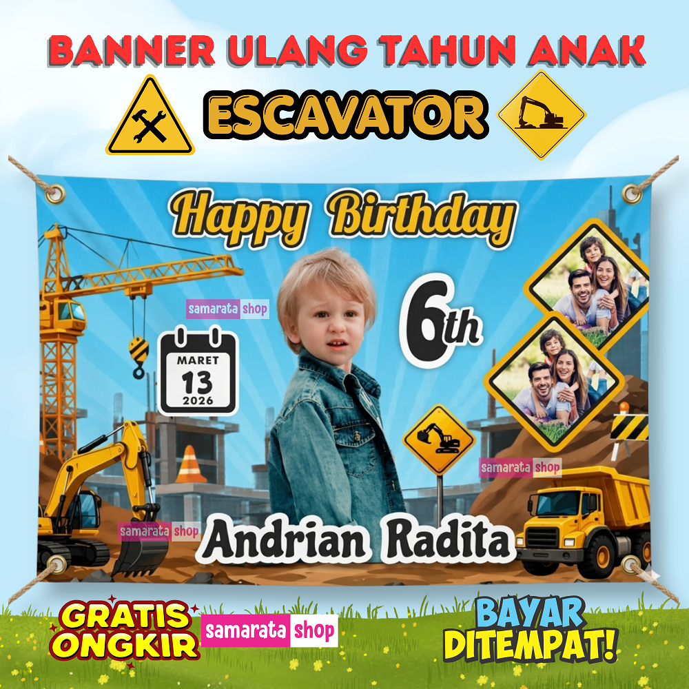 Banner Ulang Tahun Anak Excavator Spanduk Birthday Tema Excavator