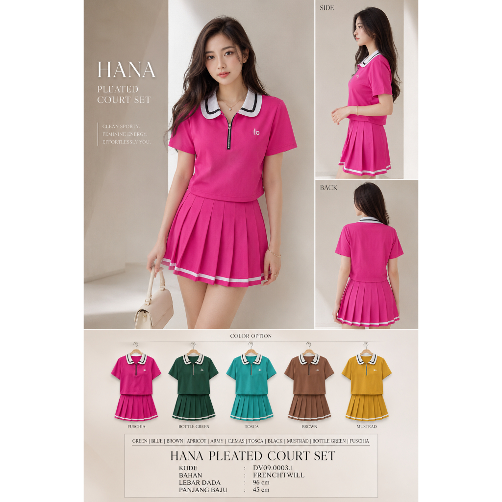 DEMODE - HANA Pleated Court Set Rok Tennis Wanita Korean Style Setelan Crop Top Kerah Zipper Bahan F