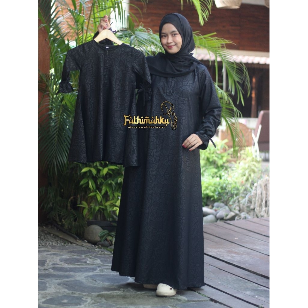 Abaya Ful EMBOS MOTIF ETNIK Couple Ibu dan Anak/Gamis Dres Hitam Sarimbit Keluarga/Abaya Muslimah By