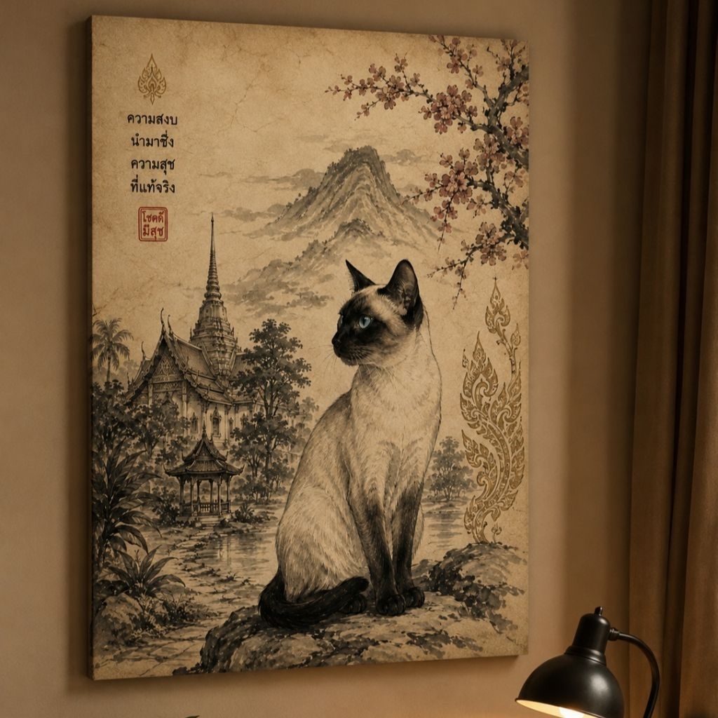 Gambar Dinding Kucing Siamese dengan Latar Belakang Pemandangan Asia