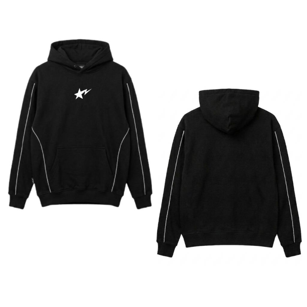 Hoodie Pria Hitam Lengan Garis Putih Logo Star Z Depan Kasual