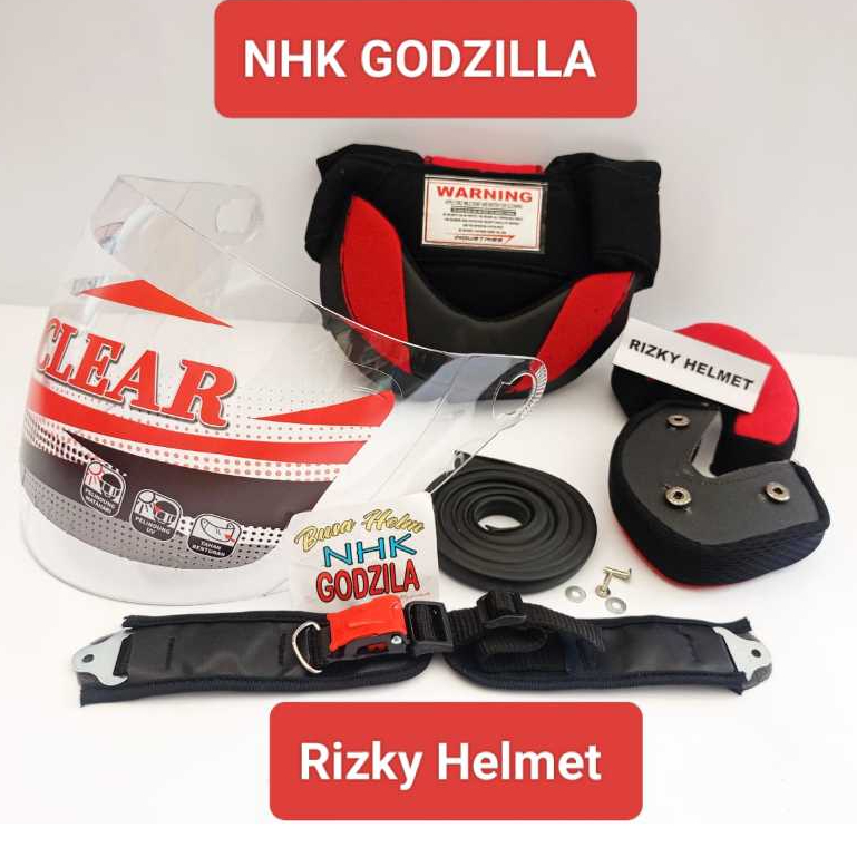 PAKET SPAREPART HELM NHK Godzilla, Busa Helm + kaca helm NHK GODZILA + Lis karet + Tali helm Plus ri