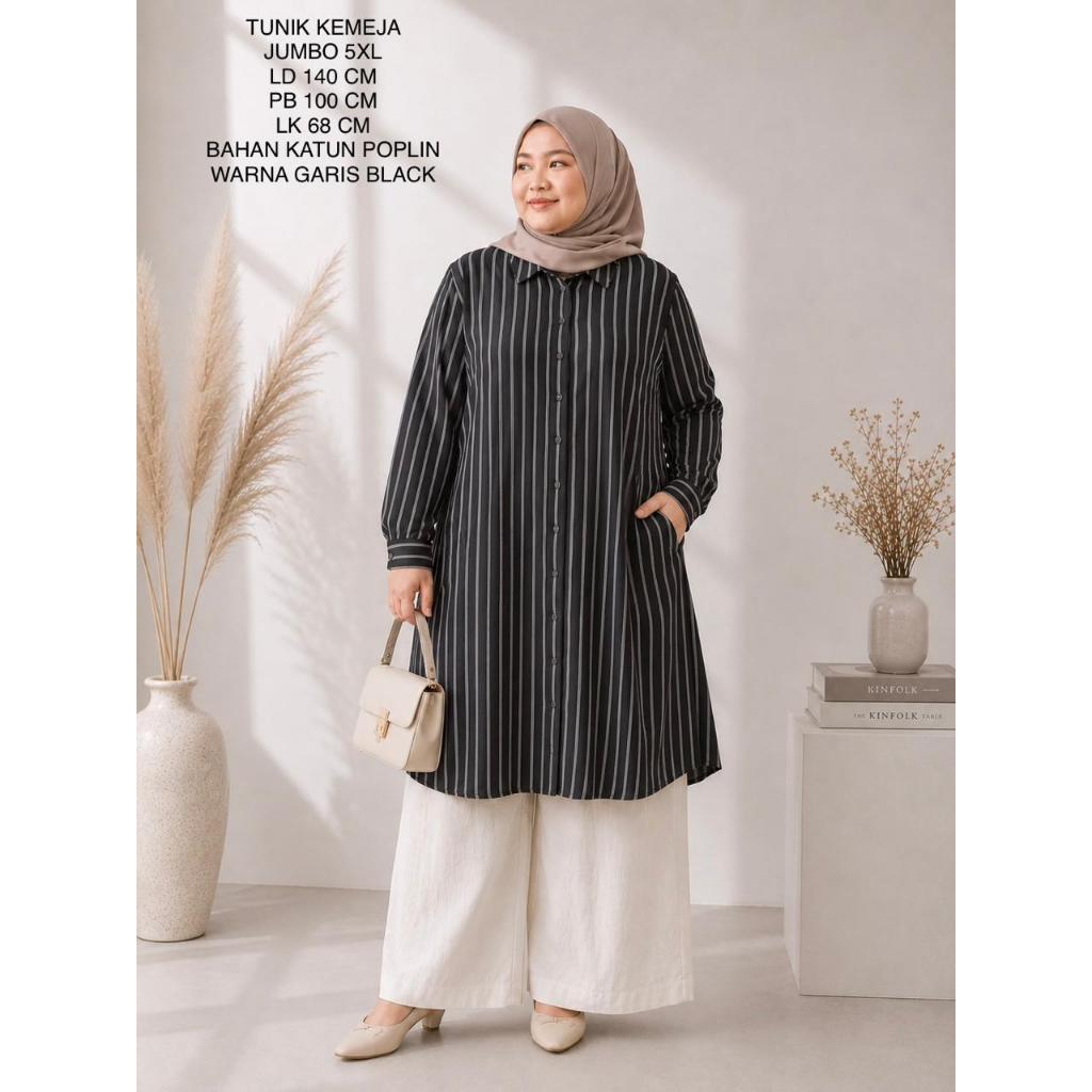 Tunik Kemeja Jumbo Wanita Ld 140 Cm Motif Garis Kekinian - Hasna Tunik