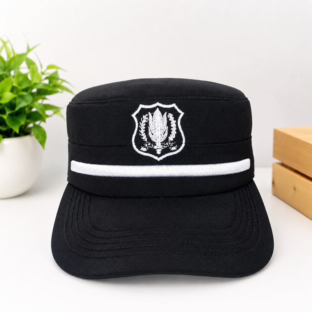 Topi satpam hitam bahan twis ekslusif model komando premium list timbul 2 MM