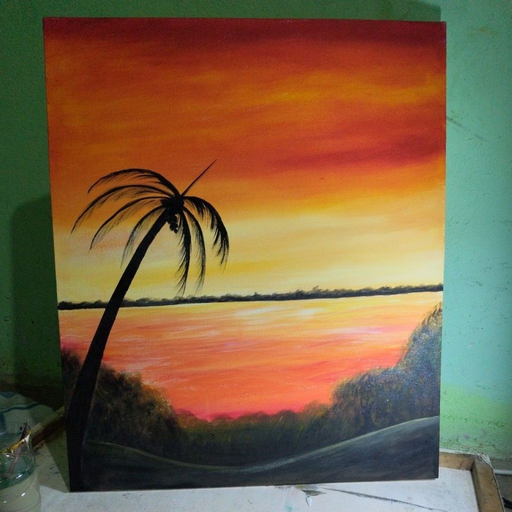 Lukisan langit senja disore hari acrilic on canvas