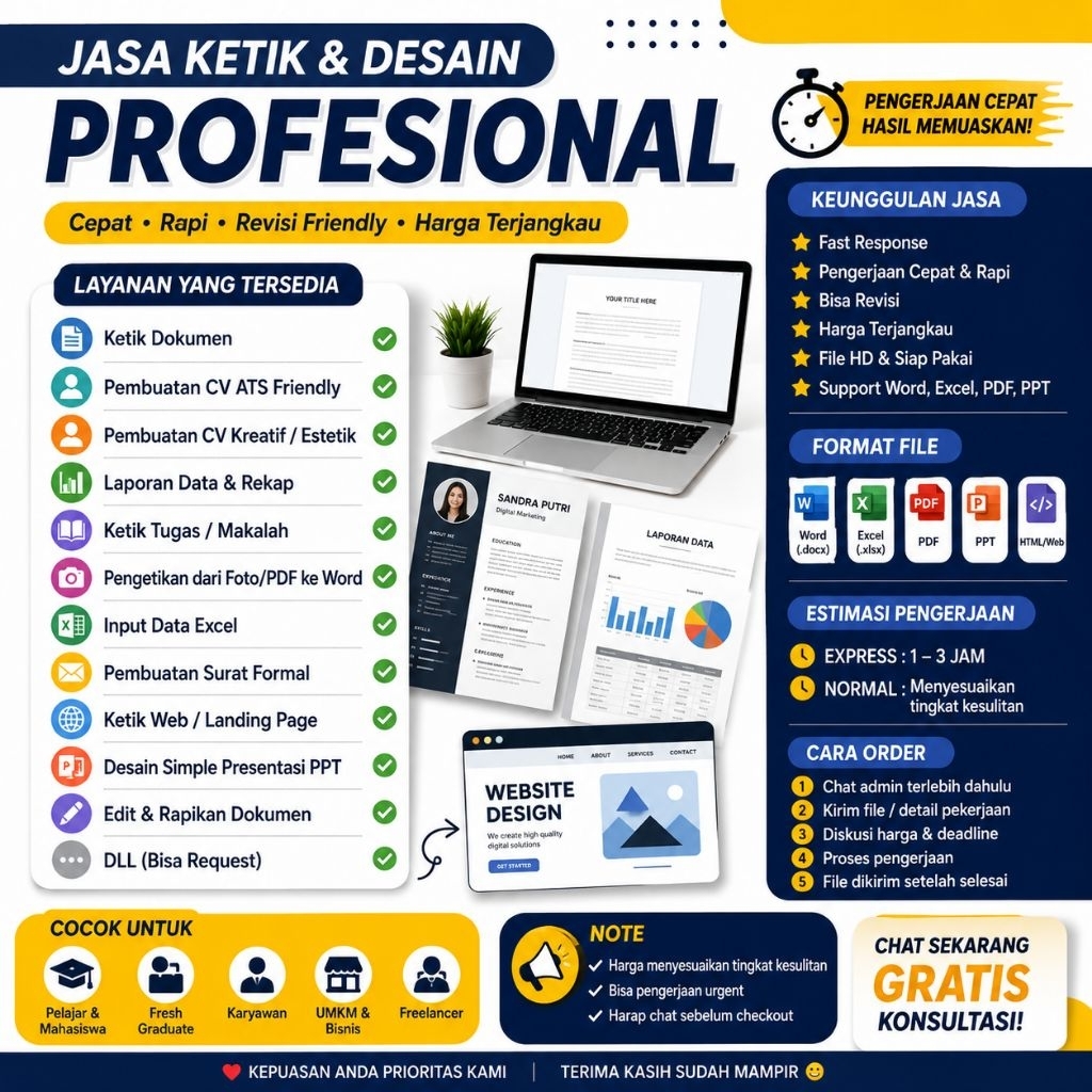 JASA KETIK DOKUMEN | CV ATS & KREATIF | INPUT DATA EXCEL | PPT | PDF | WEB