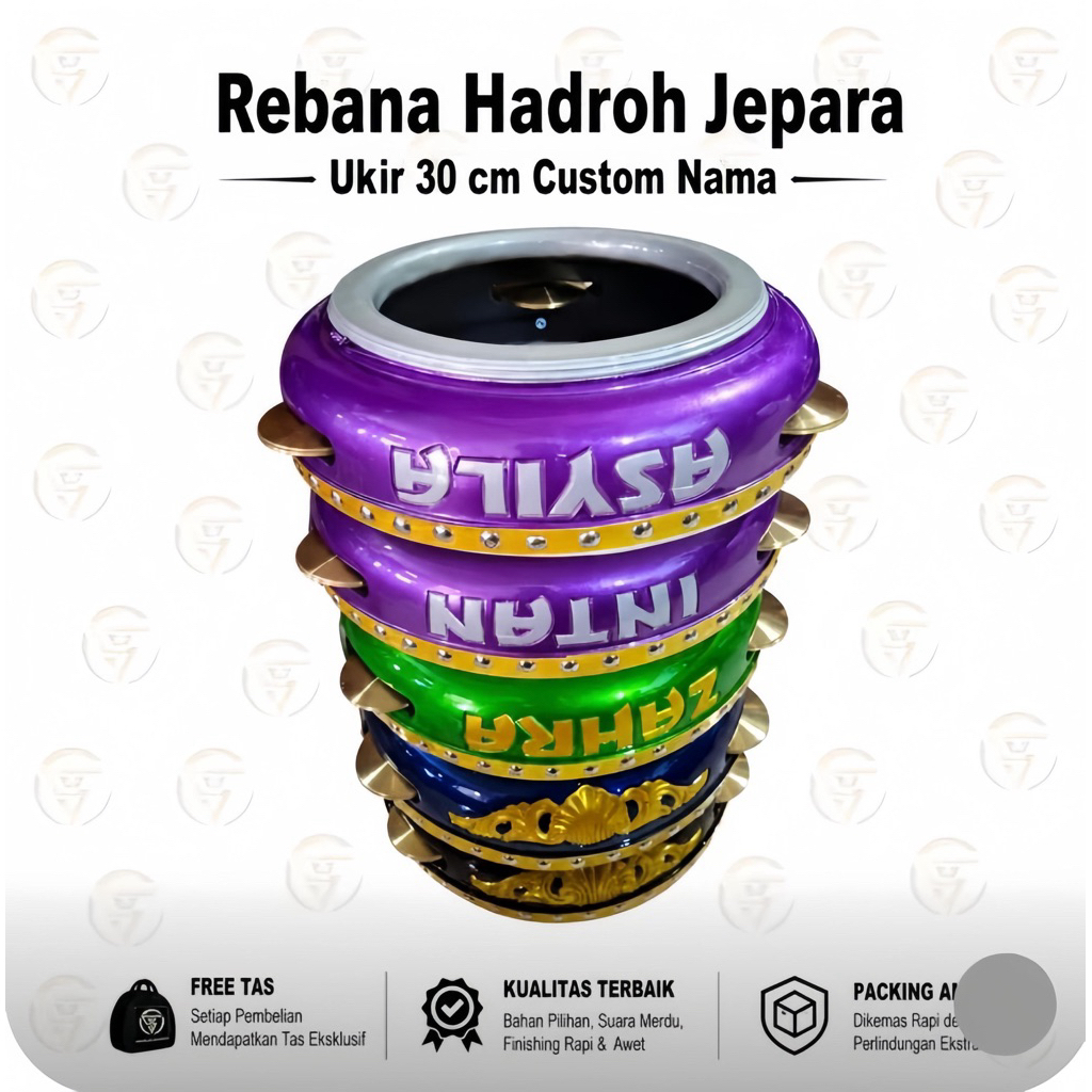 Rebana Hadroh Ukir Nama Grup Rebana Hadroh Jepara Asli Satuan Berkualitas ukuran 30 Kecrik Kuningan