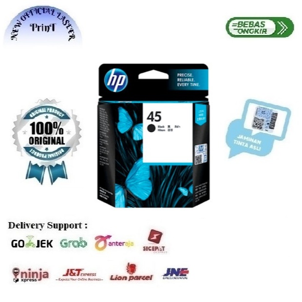 HP Tinta Hitam Original 45 Cartridge 51645A untuk Printer Deskjet 710c-1280, 1600c, 1600cm, 6122, 93