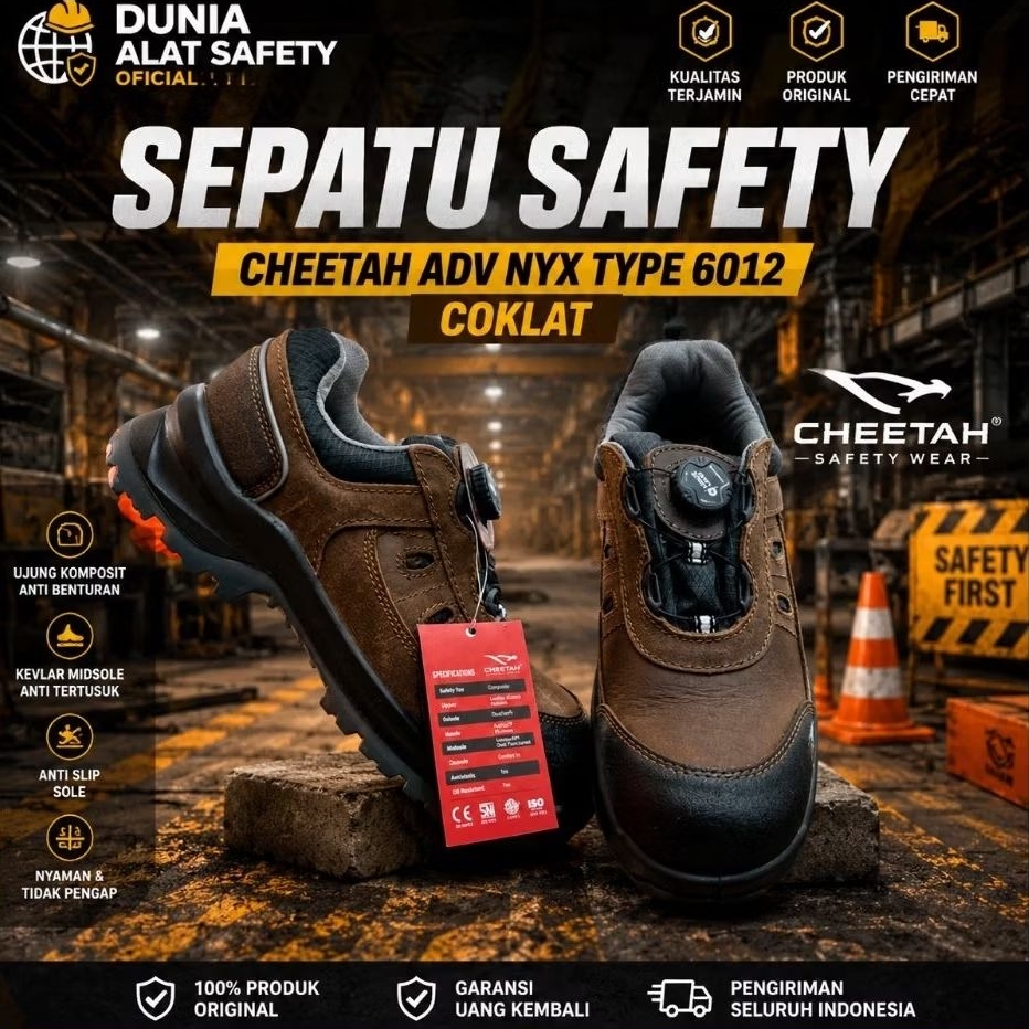 Sepatu Safety Cheetah Adv 6012 Coklat / Safety Shoes Tali Putar Anti Oil Murah