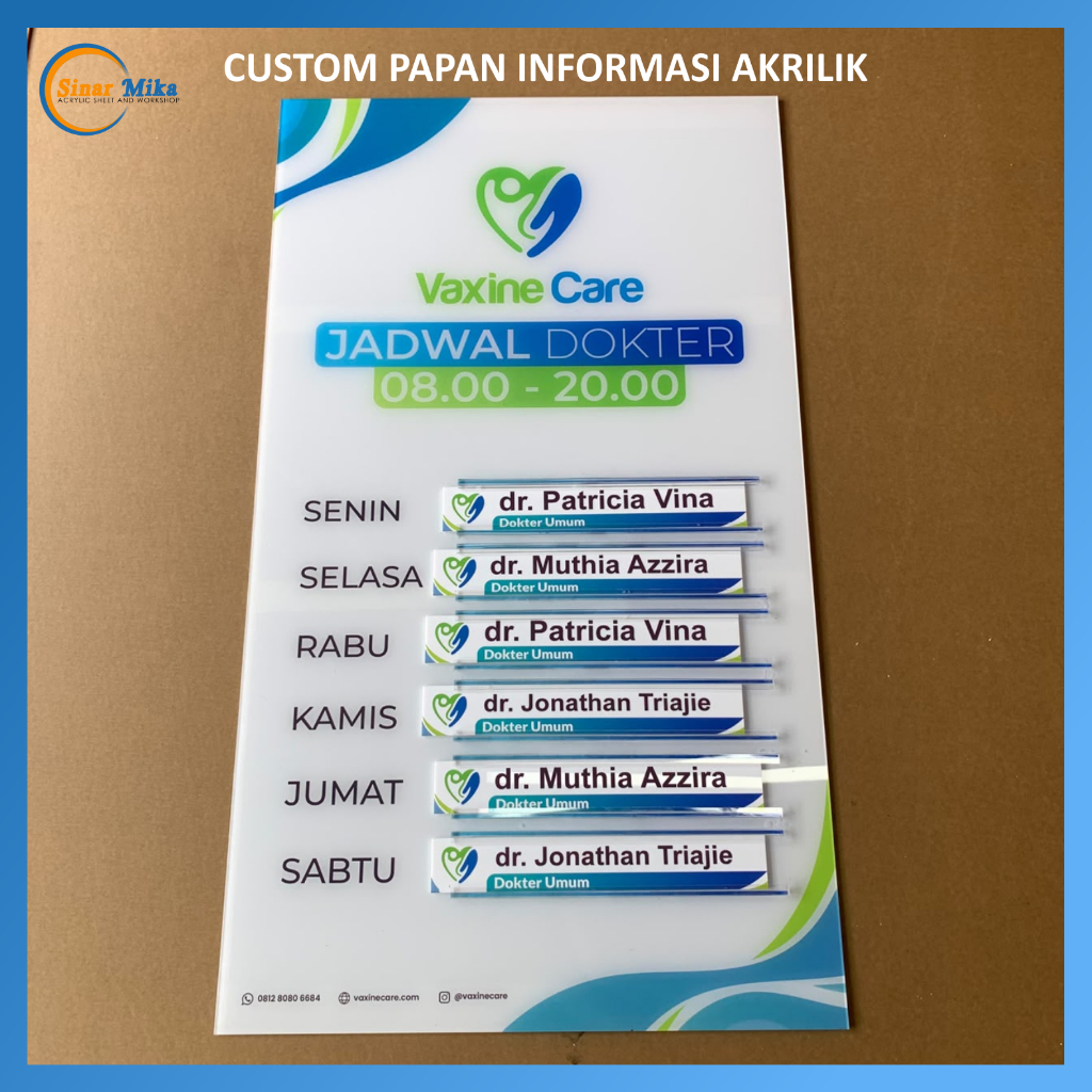 Papan Nama Akrilik jadwal informasi Dokter,Bidan,Guru,Instansi,Kantor PRINT UV/Ukuran 70x40cm/custom