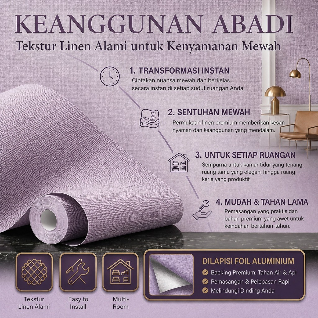 VIP Wallpaper Foam Linen Ungu Muda 3D Roll Dekorasi Kamar Premium