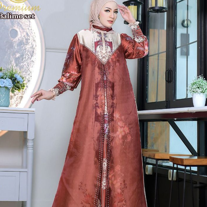 Balimo Gamis Armany Silk Kombinasi Organza Motif Printing Digital Epson Set Hijab by Soekha Premium.