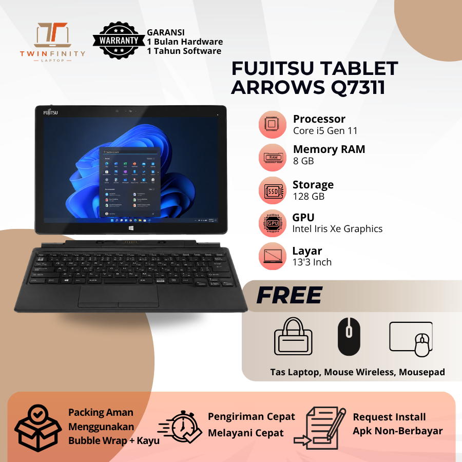 [FREE MOUSE WIRELESS & TAS LAPTOP] Fujitsu Tablet Arrows Q7311 Core i5 Gen 11 RAM 8GB SSD 128GB Iris