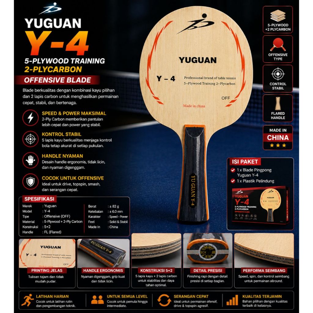 Kayu Pingpong Tenis Meja Yuguan Y-4 Original