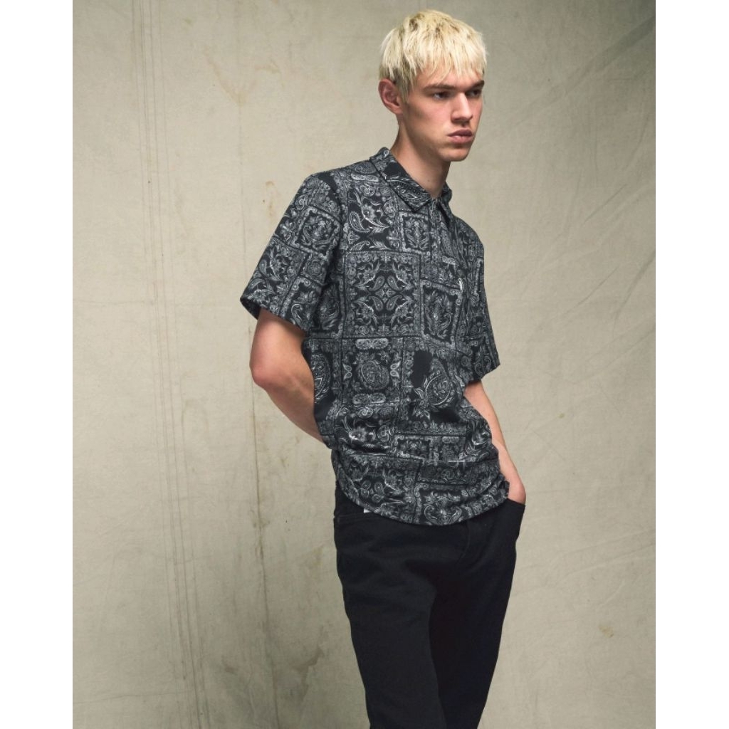 Pretty Green Patchwork Paisley Zip Polo Shirt Black Original