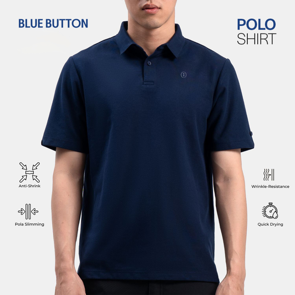 BLUEBUTTON Polo Shirt Navy Slim Fit Pria Nyaman Rapi Premium Casual