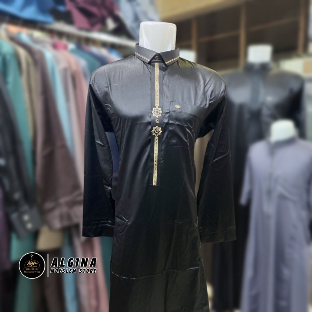 Gamis Al Wafa Hitam Slimfit Lengan Panjang Manset & Cuff Bahan Satin Korea Bordir | Jubah Muslim Len