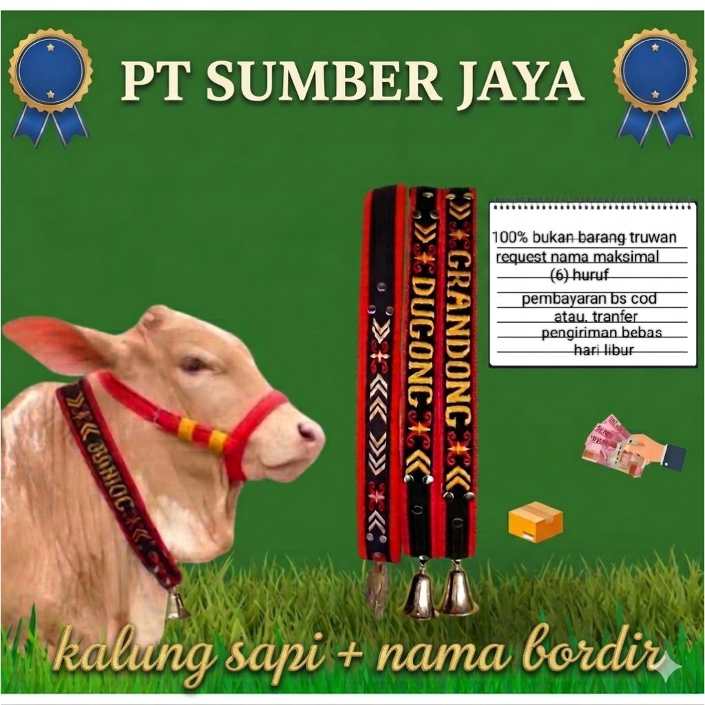 kalung sapi kontes dengan nama bordir dan lonceng kuningan