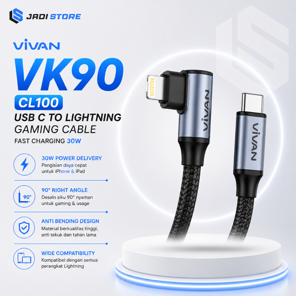 VIVAN VK90 CL100 Kabel USB C to Lightning Gaming 90 Derajat 100CM Fast Charging 30W Original Kabel D