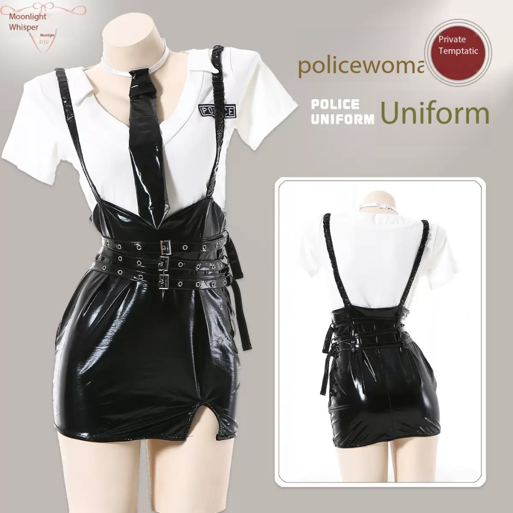Halloween Anime Cosplay Policewoman Uniform Patent Leather PU Skirt Costume Elegant Women Police Out