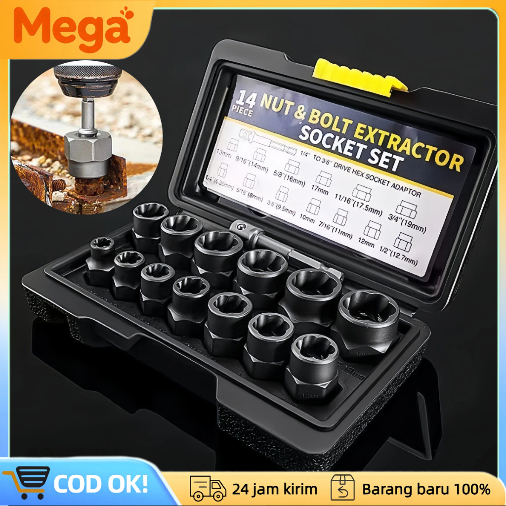 Set 14PCS Pembuka Baut Dol Hex Rusak Auzeal Alat Lepas Mur Baut Patah Screw Extractor Multifungsi Bo