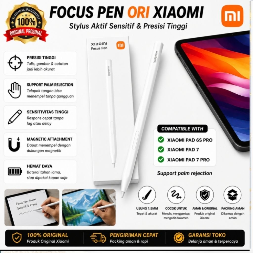 Stylus Pen Xiaomi Original Focus Pen Mi Pad 6S Pro Mi Pad 7 Second Mulus Respons Cepat Anti Delay Pa