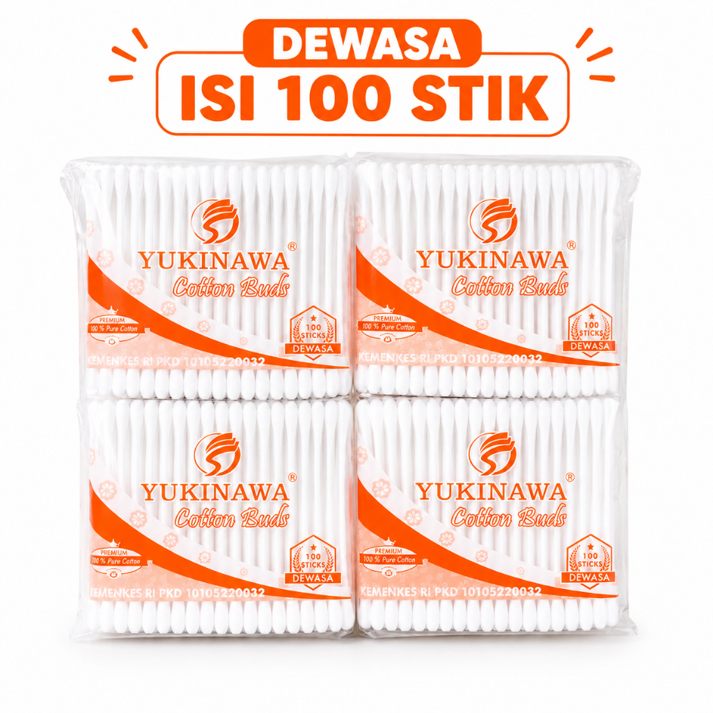 YUKINAWA Cotton Bud 100% Kapas Murni | Isi 12 Pack 100 Stik | Cotton Bud Bayi & Dewasa Lembut Aman H