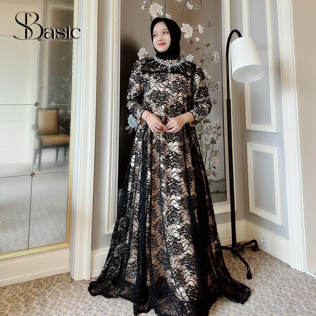 Gamis Tile Halus Hitam Motif Bunga Cutting A-Line 75981 22 Busana Muslim Basic