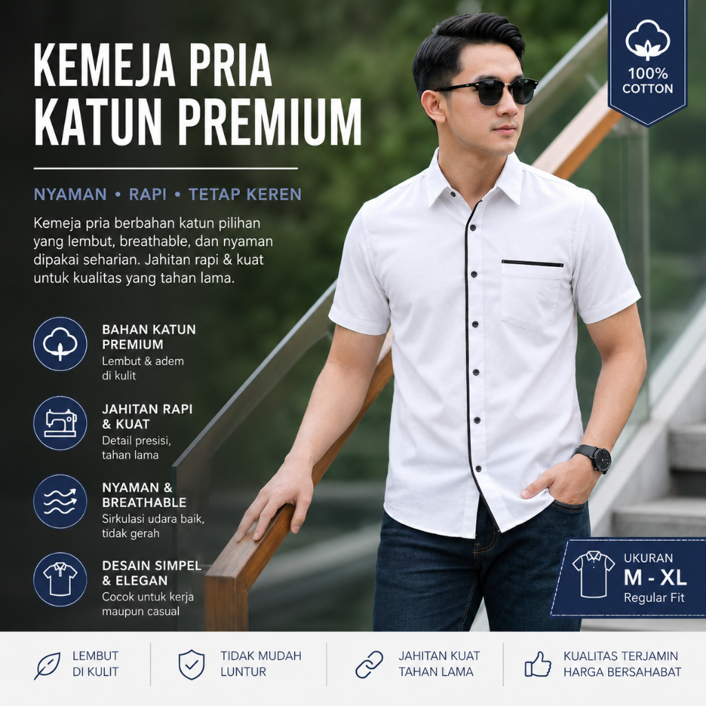 Kemeja Pria Putih Katun Premium Lengan Pendek Formal Casual Slim Fit Korean Style