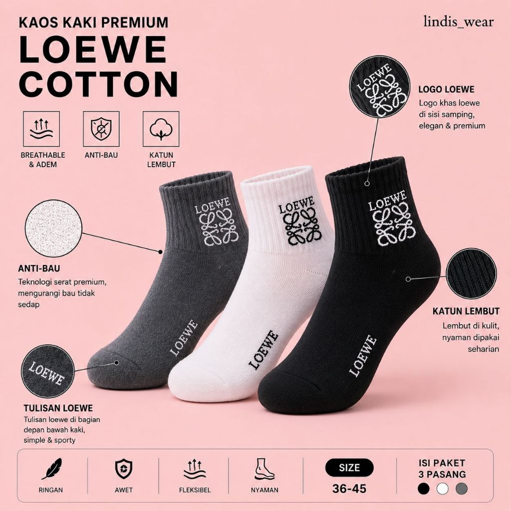 (3 PASANG) UK 35-45 Kaos Kaki LOEWE Premium – Old School , Unisex, Sporty, Tebal & Nyaman Dipakai