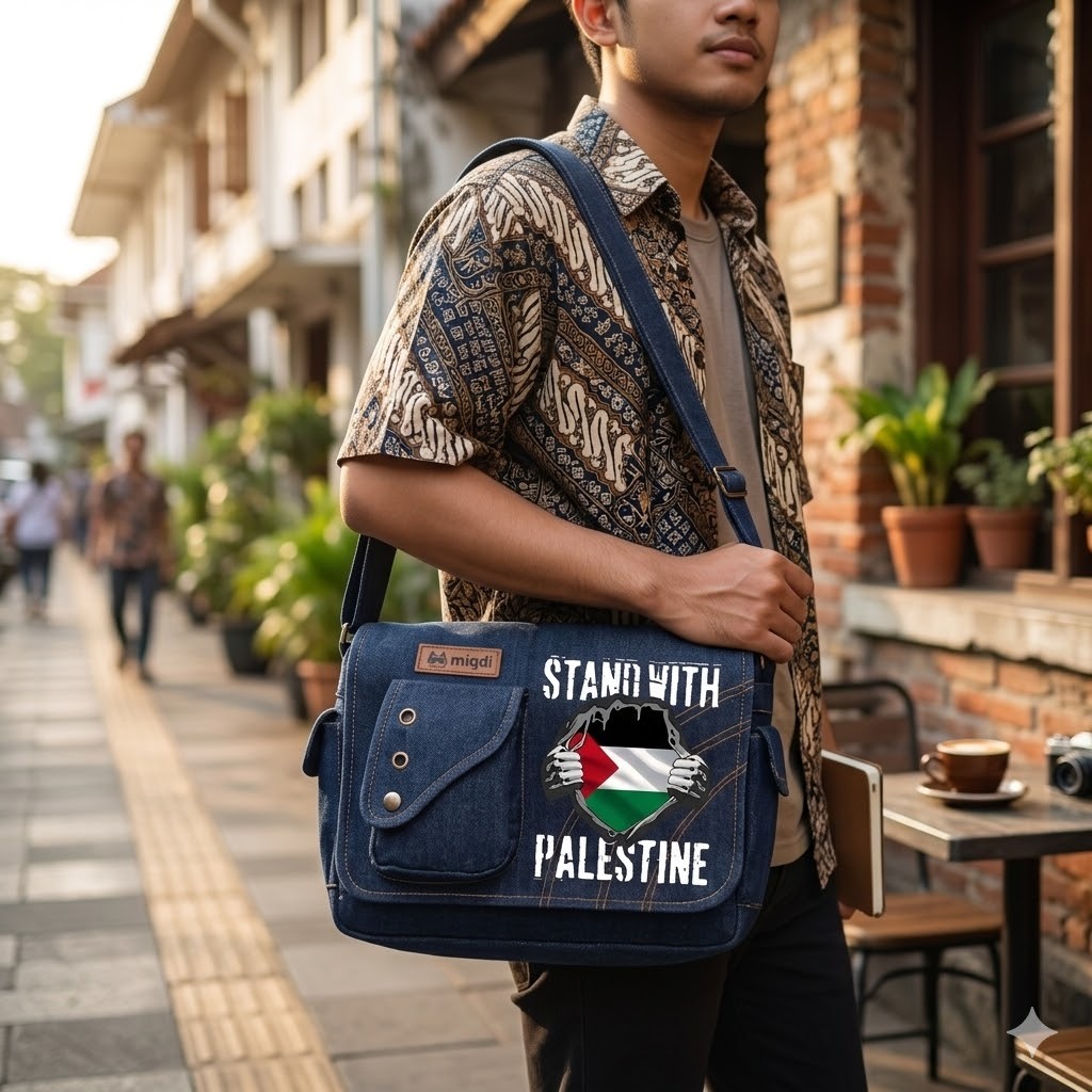Tas Selempang Pria Distro Bahan Denim Jeans Slempang Cowok Gambar FREE PALESTINE