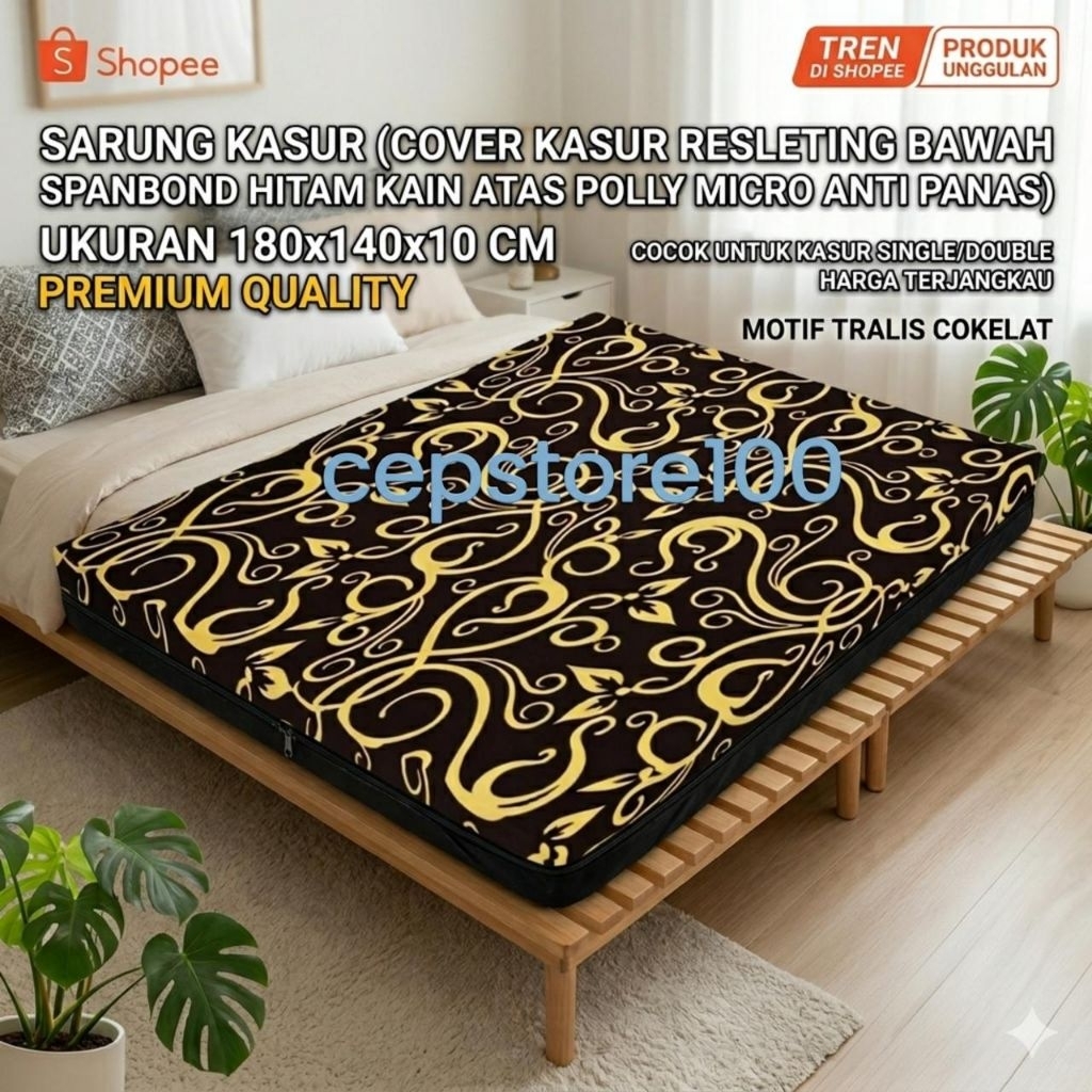 Sarung Kasur Resleting 90x180x10 Anti Luntur | Bawah Spunbond Hitam Anti Geser