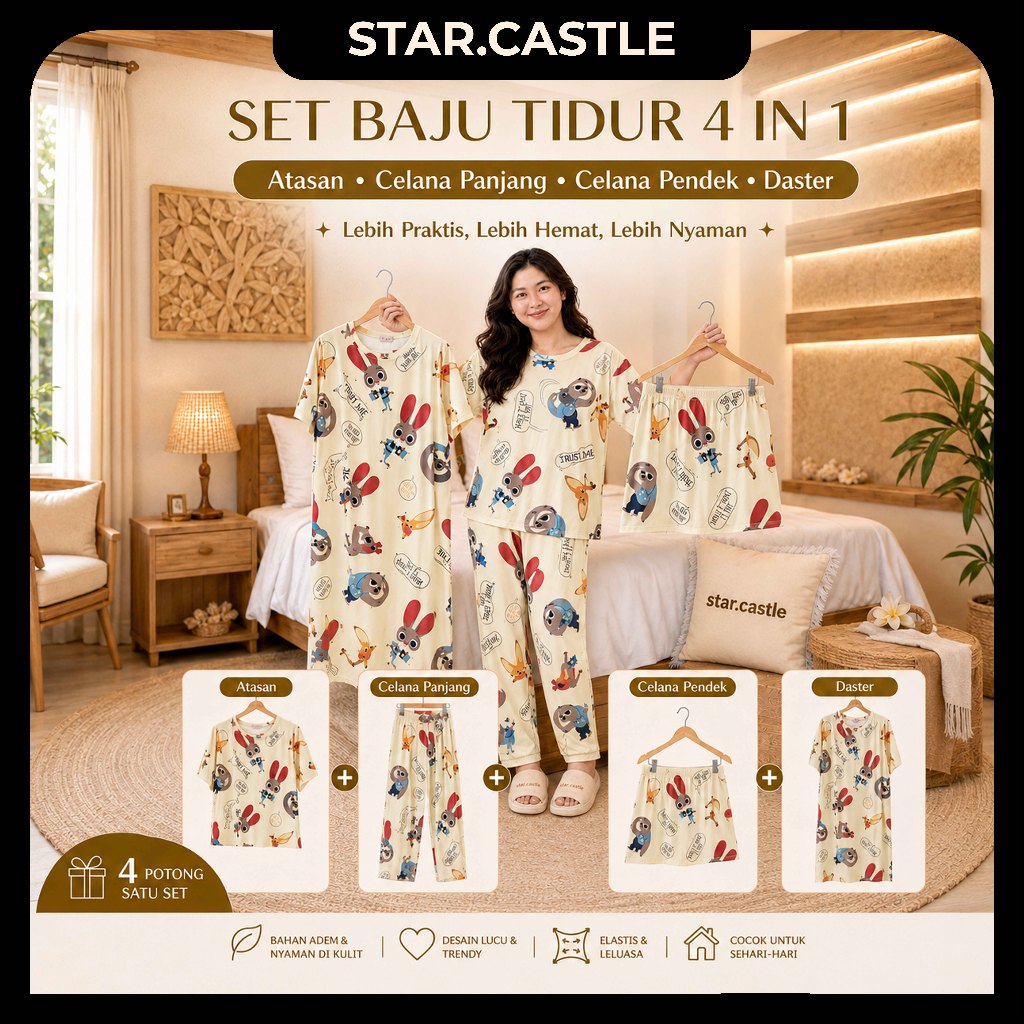 Set Piyama Wanita 4in1 Bahan Lembut Tidak Tembus Pandang Baju Tidur Nyaman
