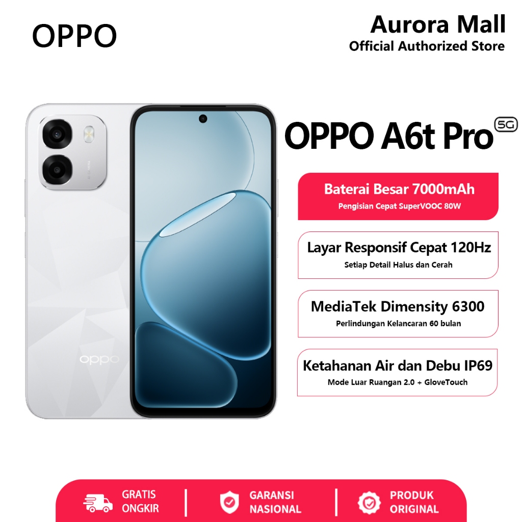 OPPO A6t Pro 5G 8/256GB (8GB+8GB Extended RAM) Dimensity 6300 Android Murah Terbaru Official Store