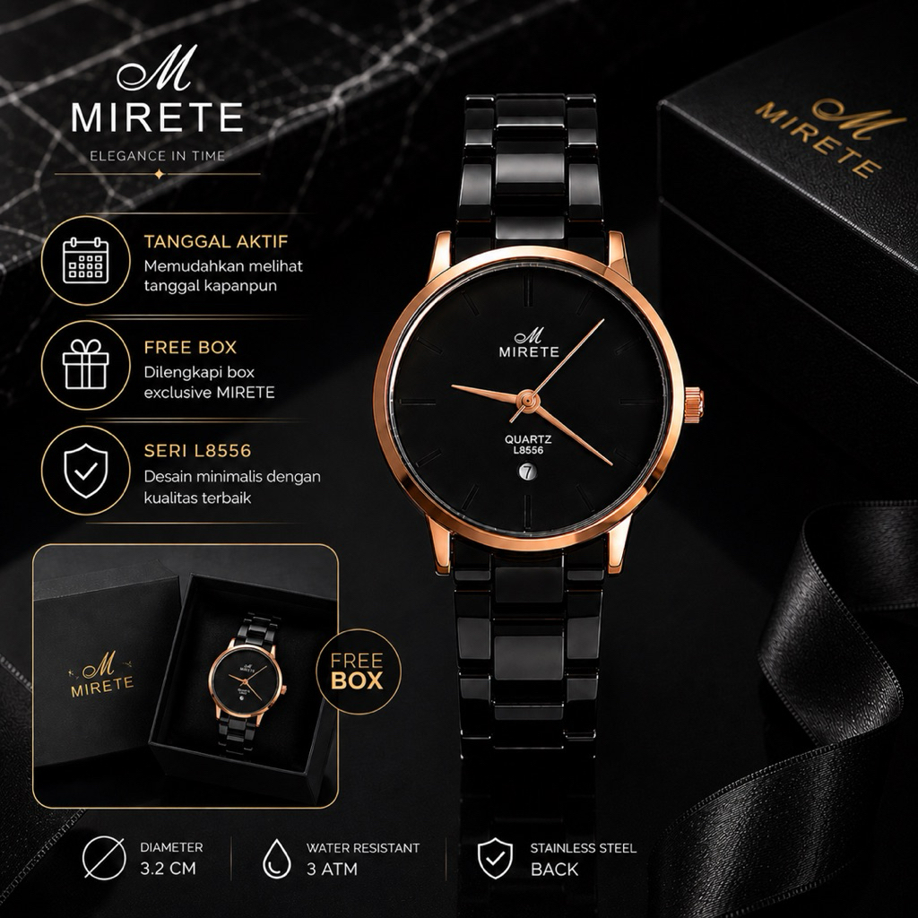 MIRETE L8556 Original Jam Tangan Wanita Mewah Black Rosegold Free Box