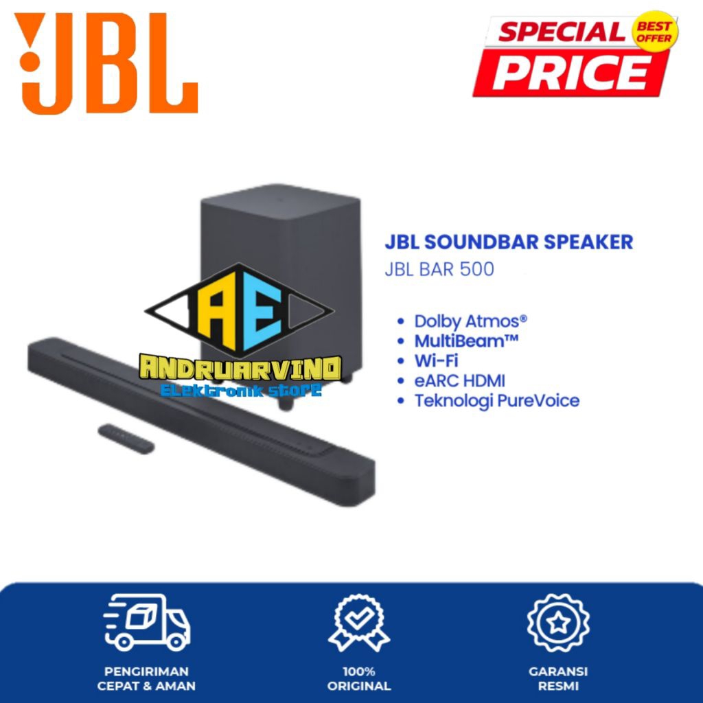 JBL SOUNDBAR 500 5.1CH  SOUNDBAR WITH WIRELESS SUBWOOFER MULTIBEAM DOLBY ATMOS GARANSI RESMI