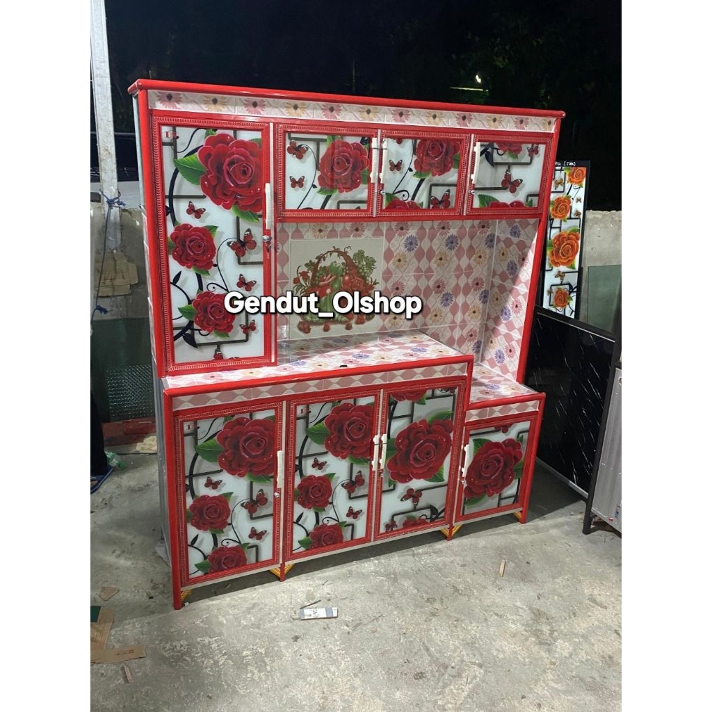 (Khusus Wilayah Kota Palembang) Lemari Rak Piring 4pintu Magic Kaca Print, Rak Piring 4pintu 6Kerami