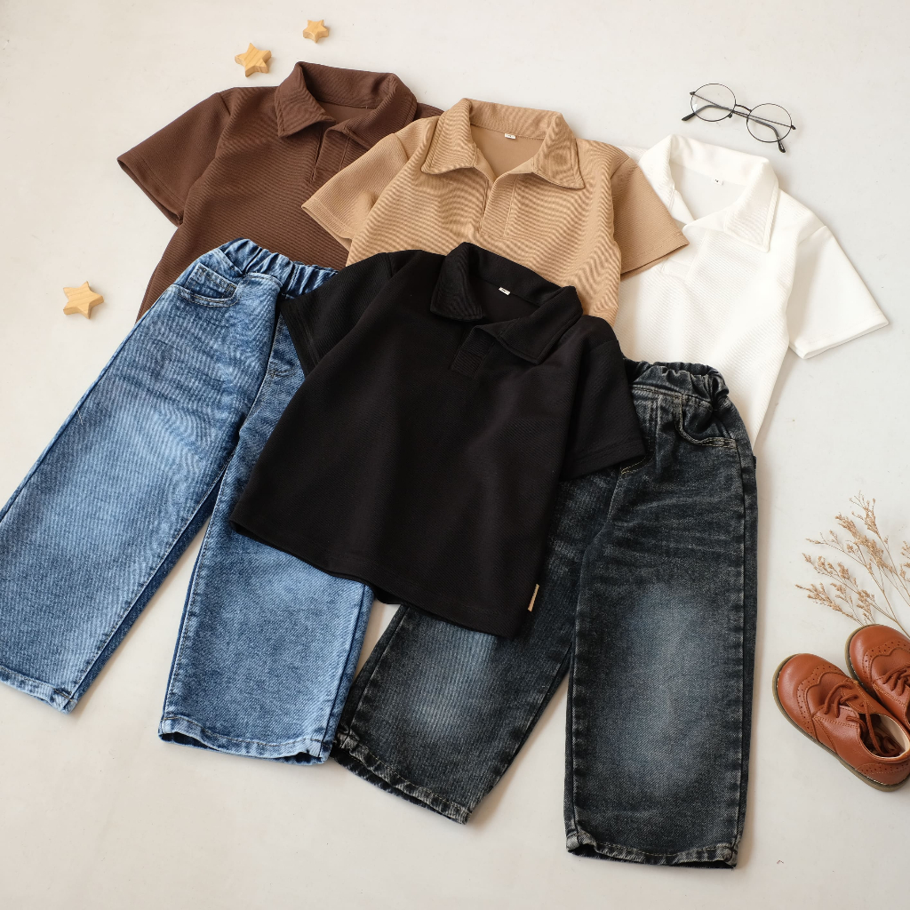Vcentro - Setelan Anak Laki-Laki Usia 1-7 Tahun Baggy Jeans Gombrong Polo Knit Polos