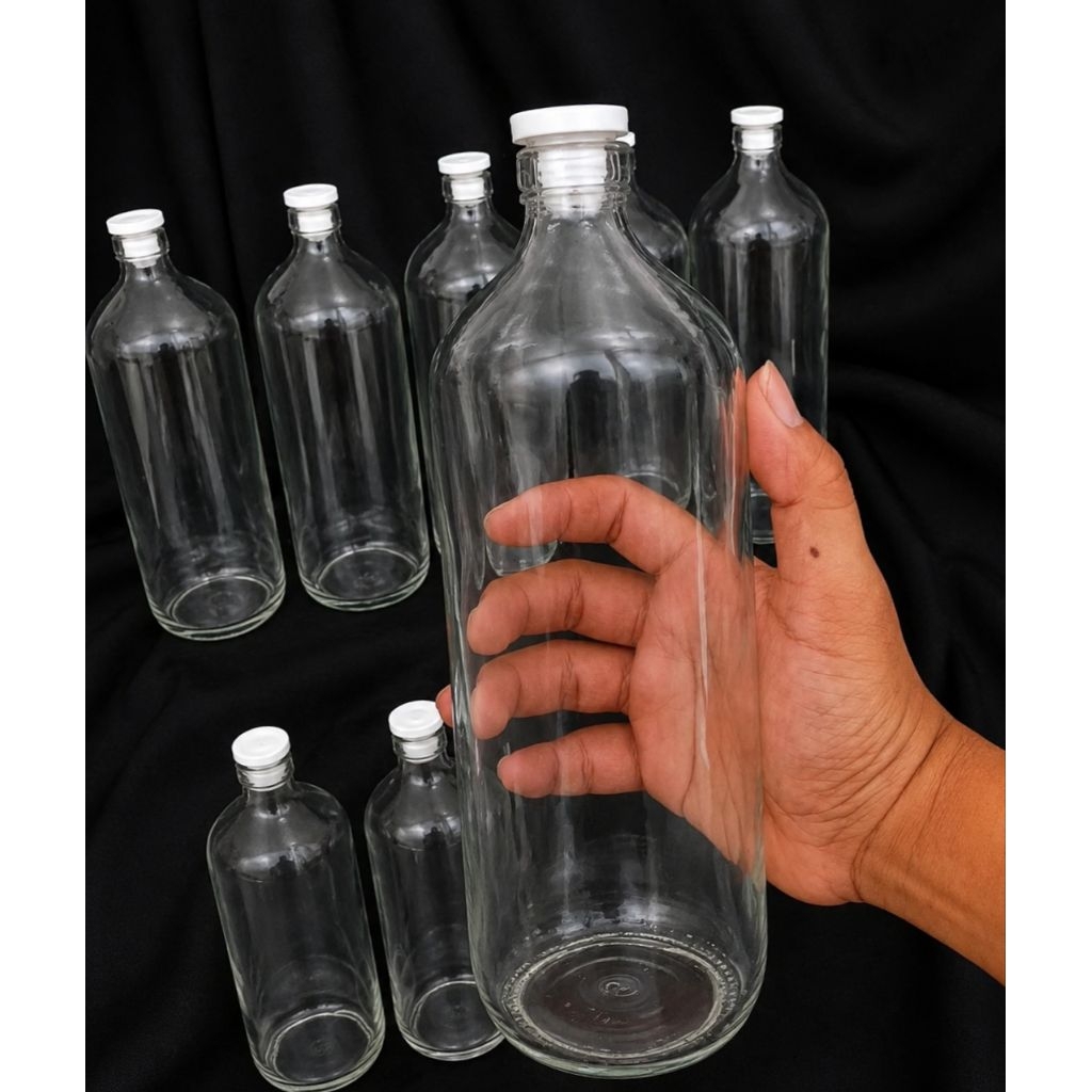 BOTOL KACA 1 LITER LENGKAP DENGAN TUTUP (HARGA/5 PCS)