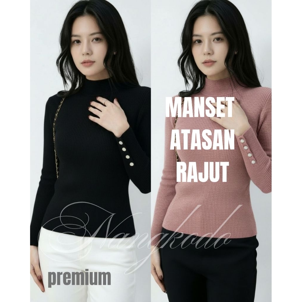 manset rajut wanita kancing gold lengan panjang/ atasan rajut turtleneck wanita lengan panjang/ baju