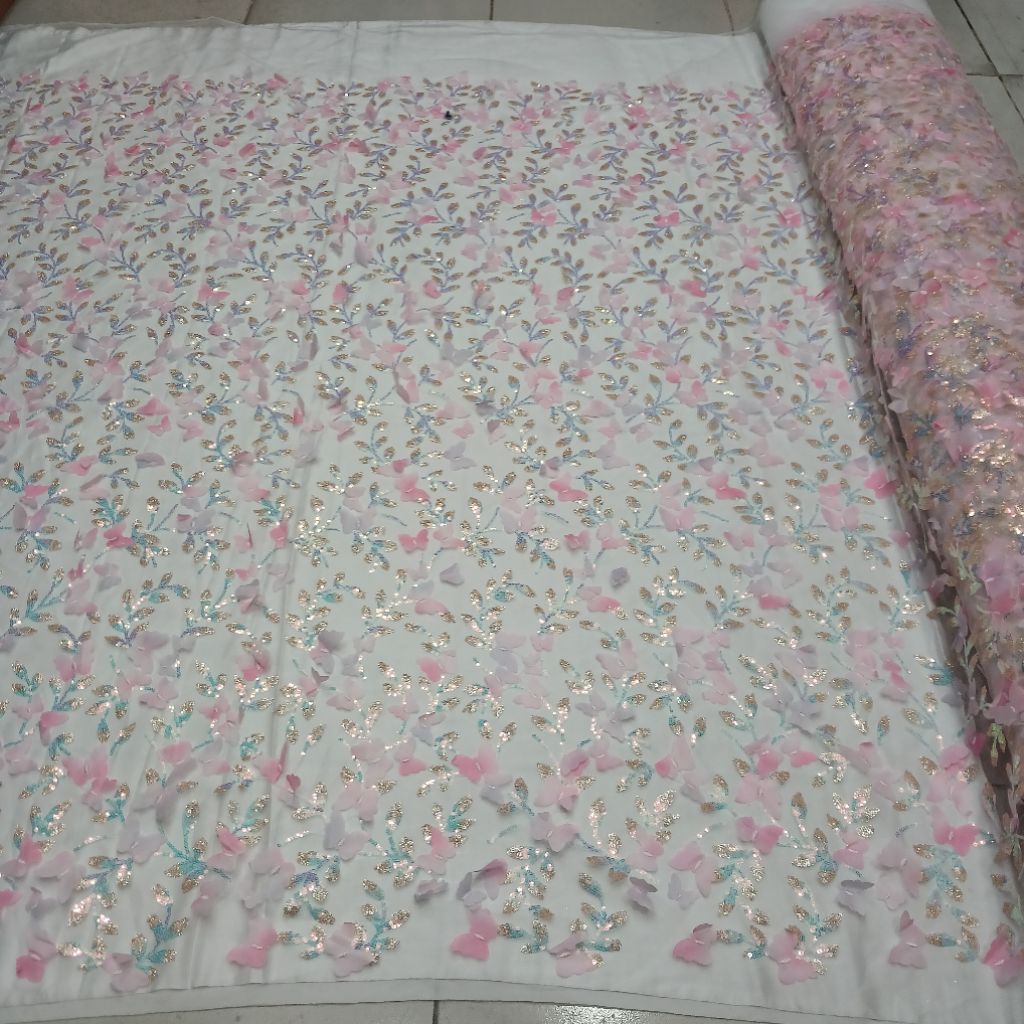 Bahan Kain Tulle 3D Motif Kupu Kupu Full Payet Spenggel Terbaru