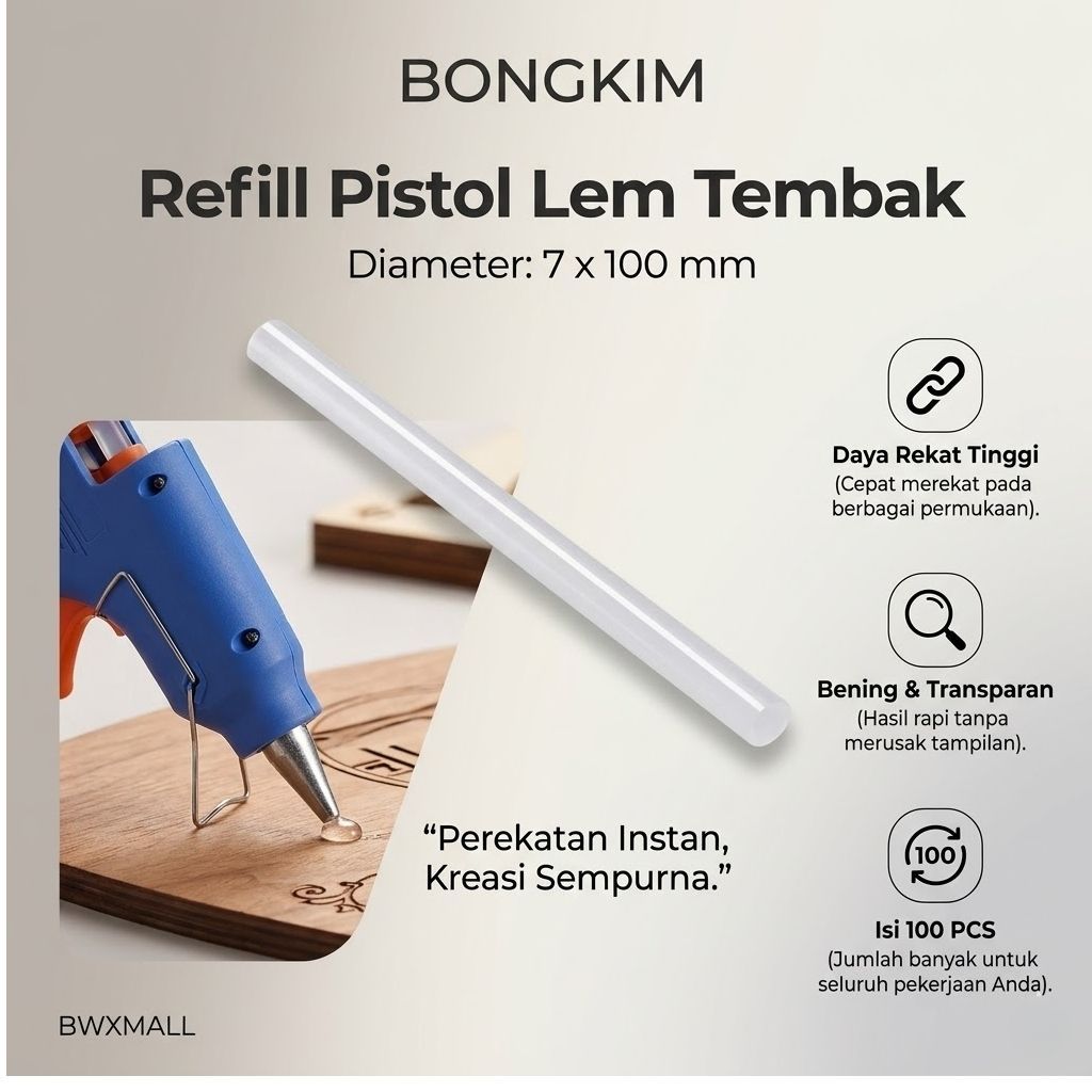 Isi Ulang Lem Tembak Kecil BongKim 7 x 100 Milimeter 100 Buah Refill Hot Glue Gun Stick Bening Trans