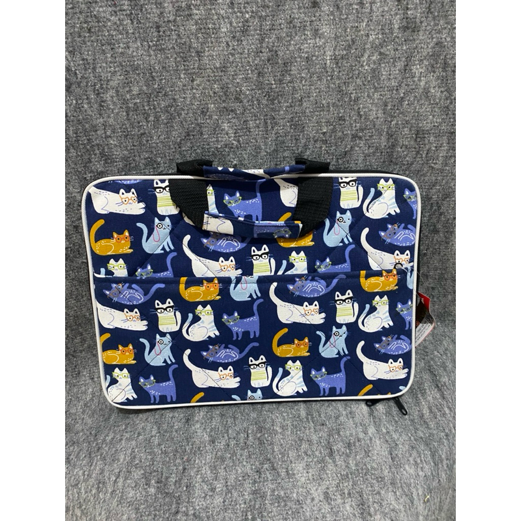 Tas Laptop Kanvas 14 Inch kucing lucu Dengan Saku Depan oleh-oleh asli dari malioboro jogja new with