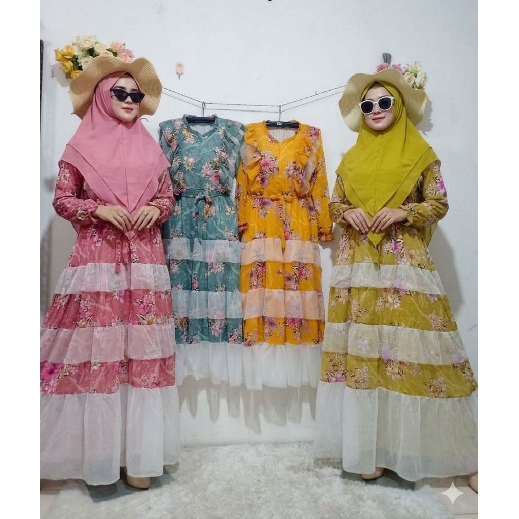 Maxi Meijiwang gamis Koreana Ceruty tile BKK 884 Tulle 3 rumbai Jumbo Ceruty Premium