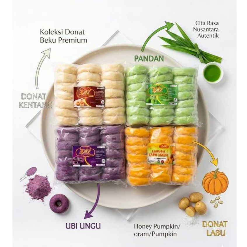 Aneka Donat Premium 4 Rasa Pandan, Kentang, Ubi Ungu, Labu Madu Isi 21 | Donat Frozen