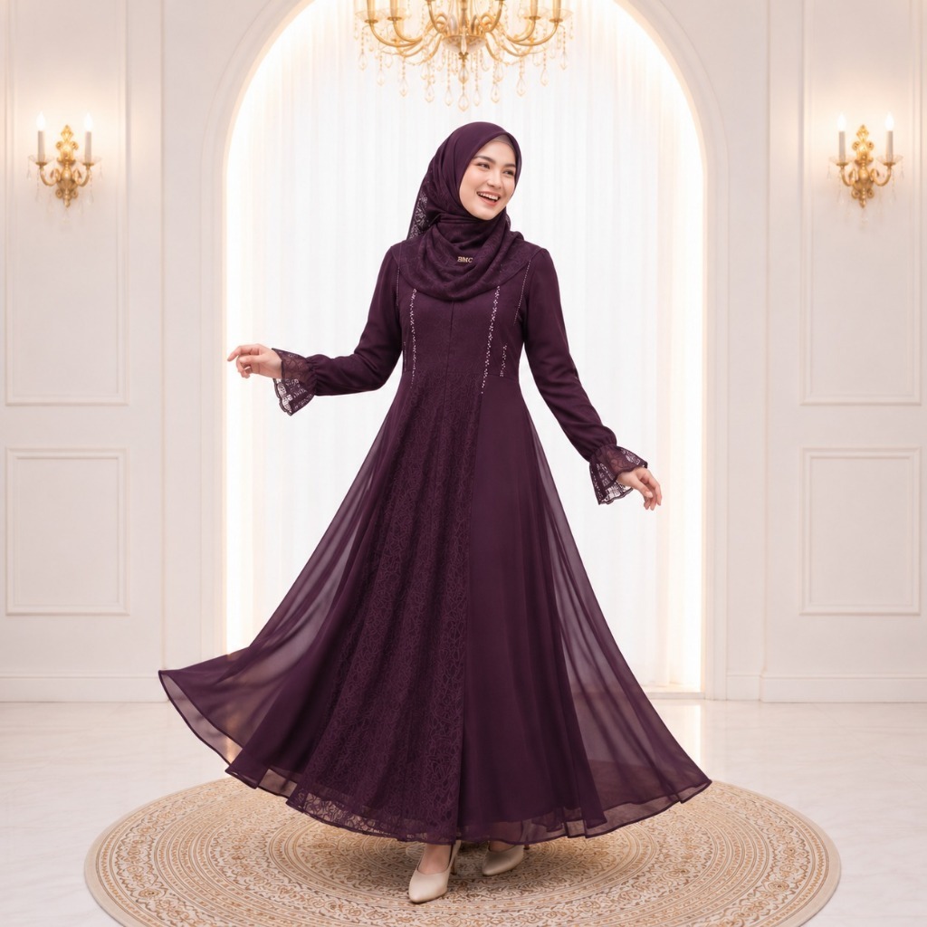 Gamis Wanita Ameera Luxury Dress BL Bahan Ceruty Babydoll Mix Tule Cantily Premium LD 100-130 cm Siz