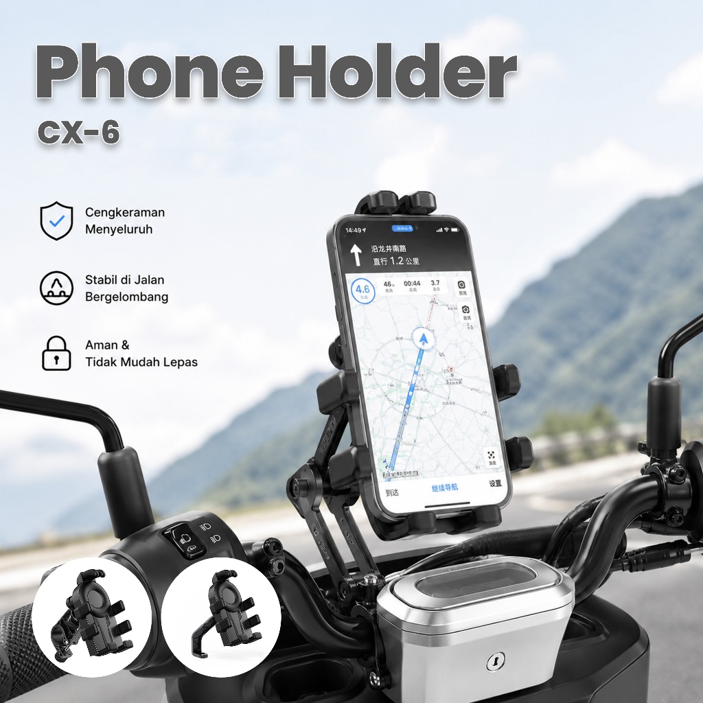 Amunra X-6 - Holder HP Motor Versi Stang Sepeda Motor Universal Bracket Holder