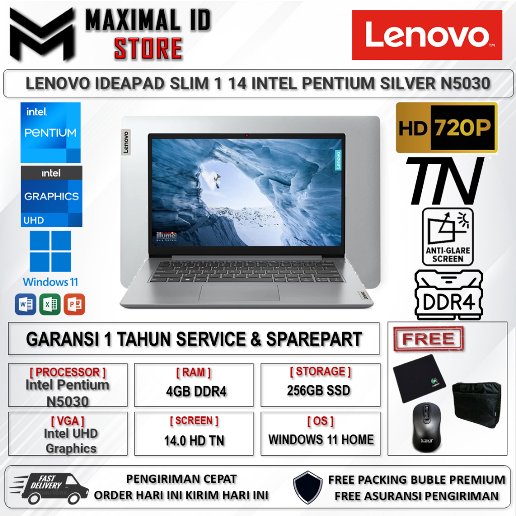 Laptop Lenovo Ideapad Slim 1 14 Intel Pentium Silver  N5030 4GB 256GB 14.0 Win11Home